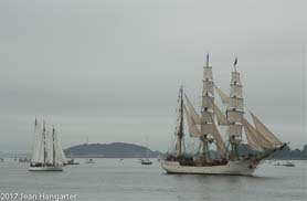 2 tall ships sailing in Boston Harbor