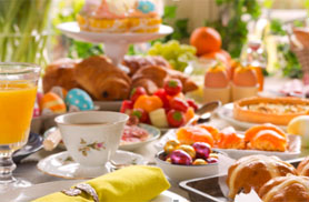 closeup of a buffet of food spread all across a table
