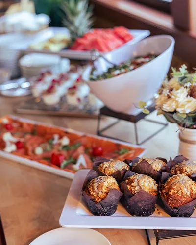 closeup of assortment of hor d'oeuvres on plates