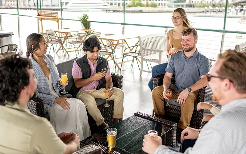 Guests enjoying a brunch on the yacht Northern Lights in Boston Harbor with Classic Harbor Line Boston