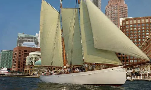 a Schooner Adirondack sailboat cruising past downdown Boston, along a coastline of potential passengers