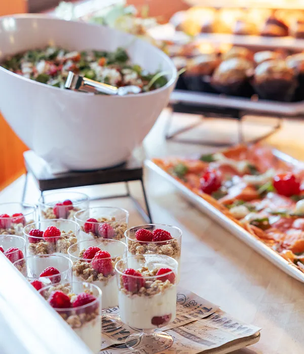 closeup of assortment of hor d'oeuvres and yogurt on a table