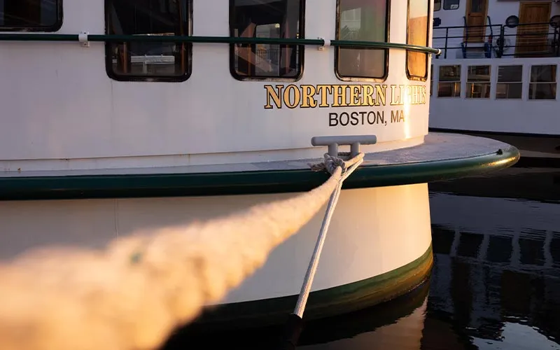 The stern of yacht Northern Lights docked at Rowes Wharf in Boston MA