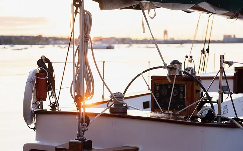 The Captains wheel of the Schooner Adirondack at the Rowes Wharf in Boston