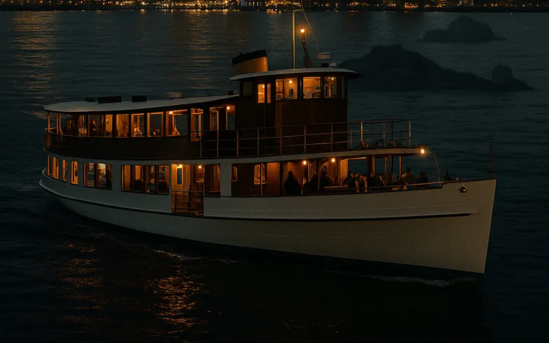 yacht Northern Lights in Boston Harbor at night