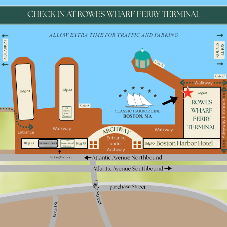 Rowes Wharf Map a map of Rowes Wharf outlining landmarks and directions to Classic Harbor Line Boston